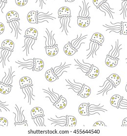 Vector seamless pattern with jellyfish. Sea background. For fabric, greeting cards, travel brochures, souvenir production, wallpaper and surface textures, scrapbooking.