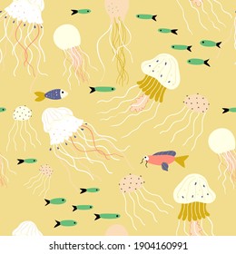Vector seamless pattern with jellyfish and sealife in hand-drawn style . Beautiful seamless pattern. Vector  print for fabric or wallpaper.