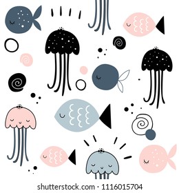 Vector seamless pattern with jellyfish, shells and fish. Baby print. Scandinavian motives
