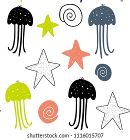 Vector seamless pattern with jellyfish and shells. Baby print. Scandinavian motives
