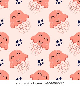 Vector seamless pattern with jellyfish.  Trendy pattern of  jellyfish for wrapping paper, wallpaper, stickers, notebook cover. Cute sea animals flat pattern.