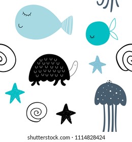 Vector seamless pattern with jellyfish, turtle and fish. Baby print. Scandinavian motives
