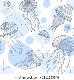 Vector seamless pattern with jellyfishes in ethnic boho style with tribal ornaments. Can be printed and used as wrapping paper, wallpaper, textile, fabric, zen doodle etc.