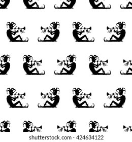 Vector seamless pattern with jester, hand-drawn pattern.  Seamless pattern can be used for wallpaper, pattern fills, web page background, surface textures. black silhouette on white