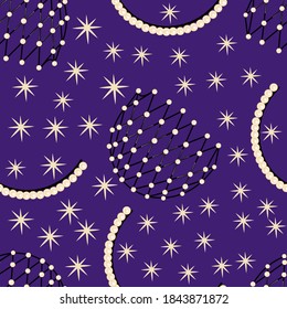 Vector seamless pattern with jewelry with pearls, sequins isolated on violet