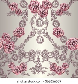 Vektorillustration nahtlose Muster mit Schmuck- und Pionierblumen im Stil von Toile de jouy