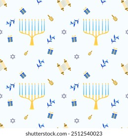 Vector seamless pattern for the Jewish holiday Hanukkah. Ideal for decoration, gift wrapping, greeting cards, and textiles. Features blue and gold colors, reflecting the festive spirit.