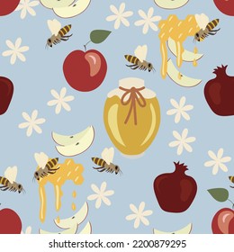 Vector of seamless pattern with jewish new year-Rosh Hashanah traditional food .Honey,apple ,pomegranate and cute bees,flowers