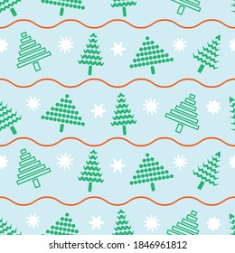 Vector seamless pattern with jolly green christmas trees dancing in the snow on a light blue background. Perfect for christmas decor, fabric, home decor, bed sheets, duvet covers, wrapping paper.  