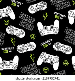 Vector seamless pattern with joystick gamepad illustrations and slogan texts, for apparel prints and other uses. Game controllers pattern.