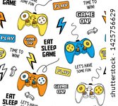 Vector Seamless pattern with joysticks gamepad  illustration and slogan text, for t-shirt prints and other uses.