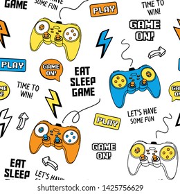 Vector Seamless pattern with joysticks gamepad  illustration and slogan text, for t-shirt prints and other uses.