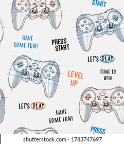 Vector Seamless pattern with joysticks gamepad  illustration and slogan text, for t-shirt prints and other uses.