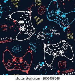 Vector Seamless pattern with joysticks gamepad  illustration and slogan text, for t-shirt prints and other uses.