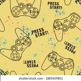 Vector Seamless pattern with joysticks gamepad  illustration and slogan text, for t-shirt prints and other uses.