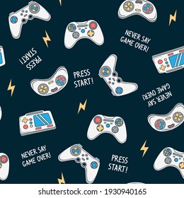 Vector Seamless pattern with joysticks gamepad illustration and slogan text, for t-shirt prints and other uses.