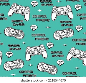 Vector Seamless pattern with joysticks gamepad illustration and slogan texts, for t-shirt prints and other uses.