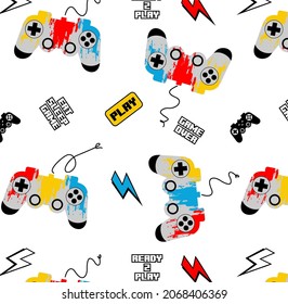 Vector Seamless pattern with joysticks, gamer illustration and slogan text, for t-shirt prints and other uses.