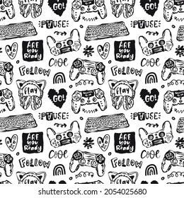 Vector seamless pattern with joysticks, headphones, hand-drawn phrases. Black and white background with keyboard, hearts for textiles, playroom, t-shirt print, cover, flyer.