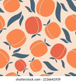 Vector. Seamless pattern. Juicy apricot, peach on tree branches with green leaves. Tropical fruits hand drawn. Bright fruit print in pastel colors. Design for paper, cover, fabric, interior decor.