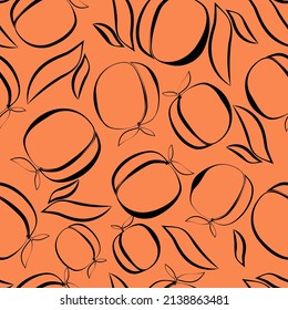 Vector. Seamless pattern. Juicy apricot, peach on tree branches with green leaves. Tropical fruits hand drawn. Bright fruit print in pastel colors. Design for paper, cover, fabric, interior decor.