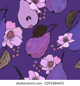 
Vector seamless pattern, juicy pears and flowers. For print, fabric, paper, design