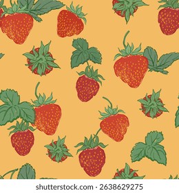 Vector seamless pattern of juicy strawberry and green leaves. Hand-drawn ripe fruits isolated on pink background. Tasty food illustration for design, print, fabric or background.