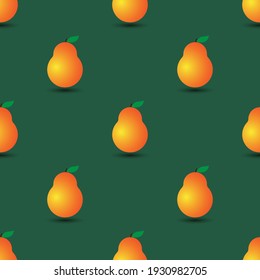 Vector seamless pattern with juicy yellow-orange gradient pears and shadow.Summer fruits background on emerald.For fabrics,wallpapers,wrapping papers,textiles,webs and others design projects.