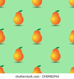 Vector seamless pattern with juicy yellow-orange gradient pears and shadow.Summer fruits background on mint.For fabrics,wallpapers,wrapping papers,textiles,webs and others design projects.