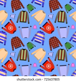 Vector seamless pattern of jumper isolated on black background. Print fabric, wrapping paper pattern. Illustration sweaters