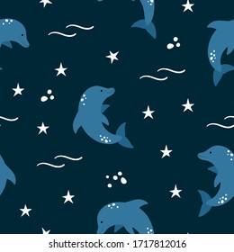 Vector seamless pattern jumping dolphin on dark blue background. Cute marine animal digital paper. Summer night sea water texture. Cute flat fish ornament for kids