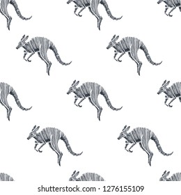 Vector seamless pattern with jumping kangaroo isolated on white background. Hand drawn texture with animal symbol of Australia in sketch style