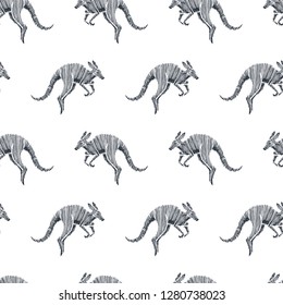 Vector seamless pattern with jumping kangaroo isolated on white background. Hand drawn texture with animal symbol of Australia in sketch style