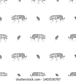 Vector seamless pattern - Jungle animals, tiger, leopard, leaves