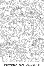 Vector seamless pattern with jungle animals leopards, monkey, snake, parrots, toucan and chameleon. Coloring page for children and adults. Black and white outline illustration. Hand drawn rainforest.