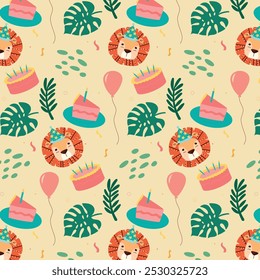 Vector seamless pattern with jungle animals, gifts, balloons and flags. Happy birthday illustration. Ideal for printing on paper, textile and scrapbooking