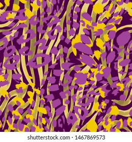 Vector seamless pattern with jungle camouflage texture. Artistic animal skin leopard spots fur with zebra stripes skin background. Trendy stripes animal pattern. Good for fabric and textile,