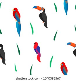 Vector seamless pattern with jungle plant. Seamless pattern with palm leaves. Seamless pattern with palm leaves and parrot toucan