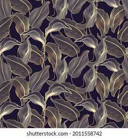 Vector seamless pattern with jungle tropical leaves. Luxury gold and black background. Exotic botanical design for textile, wallpaper, website, wrapping paper, hawaiian style shirt