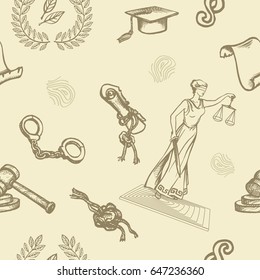 Vector seamless pattern with justice or law symbols on beige background. Sketch. Eps-8.