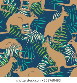 Vector seamless pattern with kangaroo and palm leaves