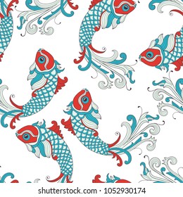 Vector Seamless Pattern with karp fishes.  Retro vintage style. 