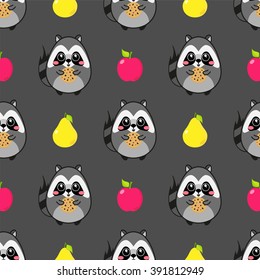 Vector seamless pattern. Kawaii American raccoon and cute apples and pears on background. Sweet pattern for childish, festive design. Flat cartoon style