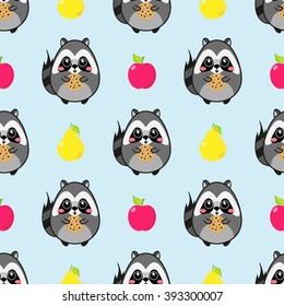 Vector seamless pattern. Kawaii American raccoon and cute apples and pears on background. Sweet pattern for childish, festive design. Flat cartoon style