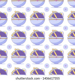 Vector seamless pattern, kawaii anime style. Lovely plate with food, chopsticks, eggs and ramen, noodle. Perfect for background, ornament, cute texture for design