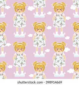 Vector seamless pattern. Kawaii baby girl with cute ponytails, kids dress, shoes on sky with clouds. Ornament for childish, festive design, baby cotton, textile, paper. Flat style. Blue, pink, white