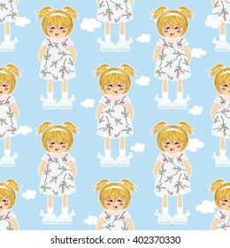Vector seamless pattern. Kawaii baby girl with cute ponytails, kids dress, shoes on sky with clouds. Ornament for childish, festive design, baby cotton, textile, paper. Flat style. Blue, pink, white