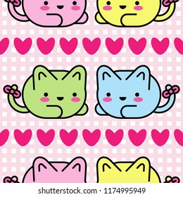 Vector seamless pattern. Kawaii background. Cute cartoon cats.  Textile rapport.