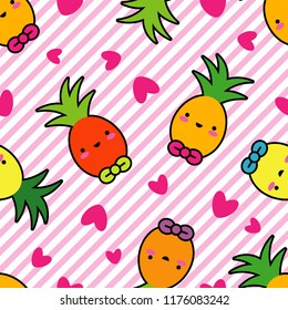 Vector seamless pattern. Kawaii background. Cartoon Pineapple. Textile rapport.