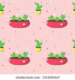 Vector seamless pattern with kawaii cactus plant cartoon characters in flowerpots. Cute cacti background, wallpaper, fabric, wrapping paper.